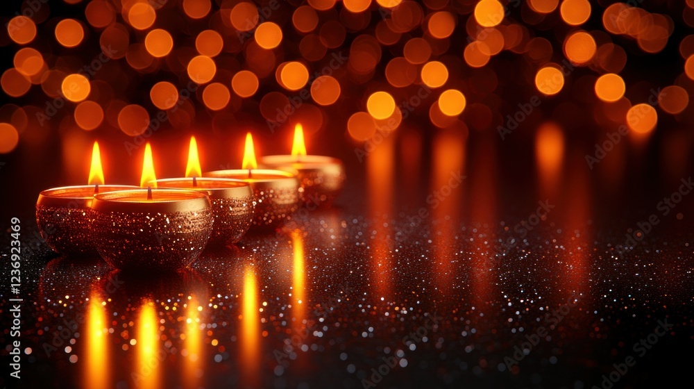 Poster row of warm candles on a dark surface with bokeh lights reflecting