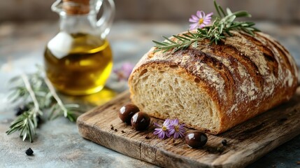 Rustic bread loaf with olive oil and herbs on a wooden board
