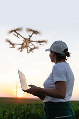 Woman farmer controls drone sprayer with a laptop. Smart farming and precision agriculture.
