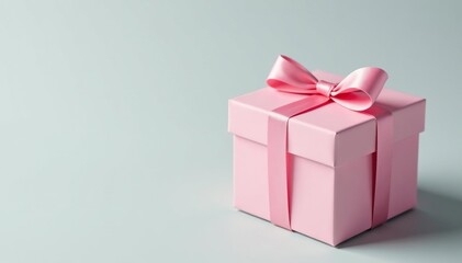 Fototapeta premium A delicate pink present box on a light gray background, pink, gift