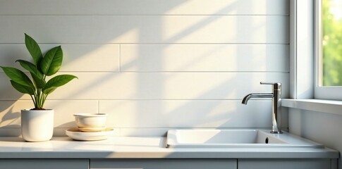 Fototapeta premium Bathroom sink with morning sunlight on white tile wall at front angle, glass, kitchen sink light, ceramic