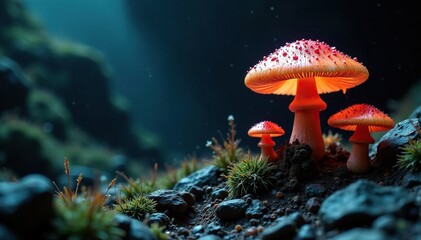 Fototapeta premium Mysterious skull-shaped mushrooms growing in a dark mountain cave, mysterious, damp