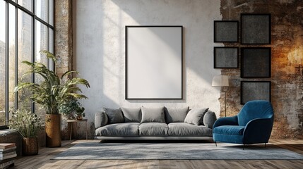 Modern industrial living room with cozy sofa and elegant blue armchair in sunlit space