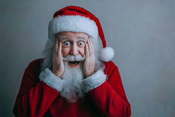 Santa Claus, standing, frontal, cartoon style, hands on face, impressed expression,white background, natural light, studia, professional 