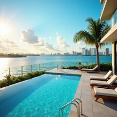 Fototapeta premium Luxury apartments with a rooftop pool overlooking the Miami Bay, bay, Miami