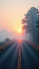 Naklejka premium White mist enveloping a deserted road at sunrise, nature, fog,