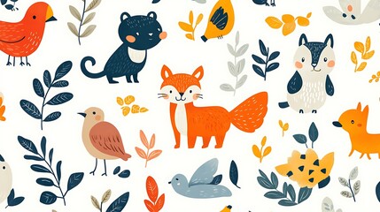 Cute animals and plants seamless pattern.