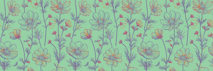 Repeating floral pattern with soft, pastel colors, predominantly in shades of green, pink, and blue, creating a gentle, textured effect.