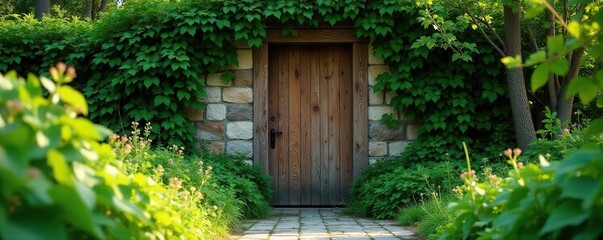 A delicate wooden door blends into the surrounding foliage, Peaceful Pathway, Overgrown Vines, Camouflage