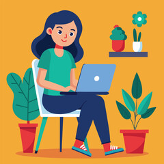 a girl is using his laptop vector