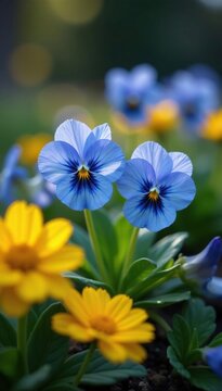 Delicate blue pansies peeking from between yellow autumn flowers, blue pansies, panies, flower bed