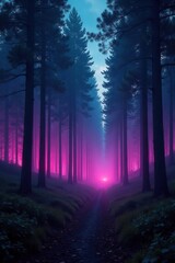 Obraz premium Neon forest at dawn with misty atmosphere and glowing trees, glowing trees, luminescent forest, dawn