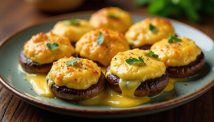 Rich cheese sauce covering baked champignons with a golden crust, crusty, cheese