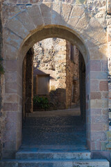 Obraz premium Portal de piedra de la Vila Vella con calle empedrada y muros históricos en Santa Pau.