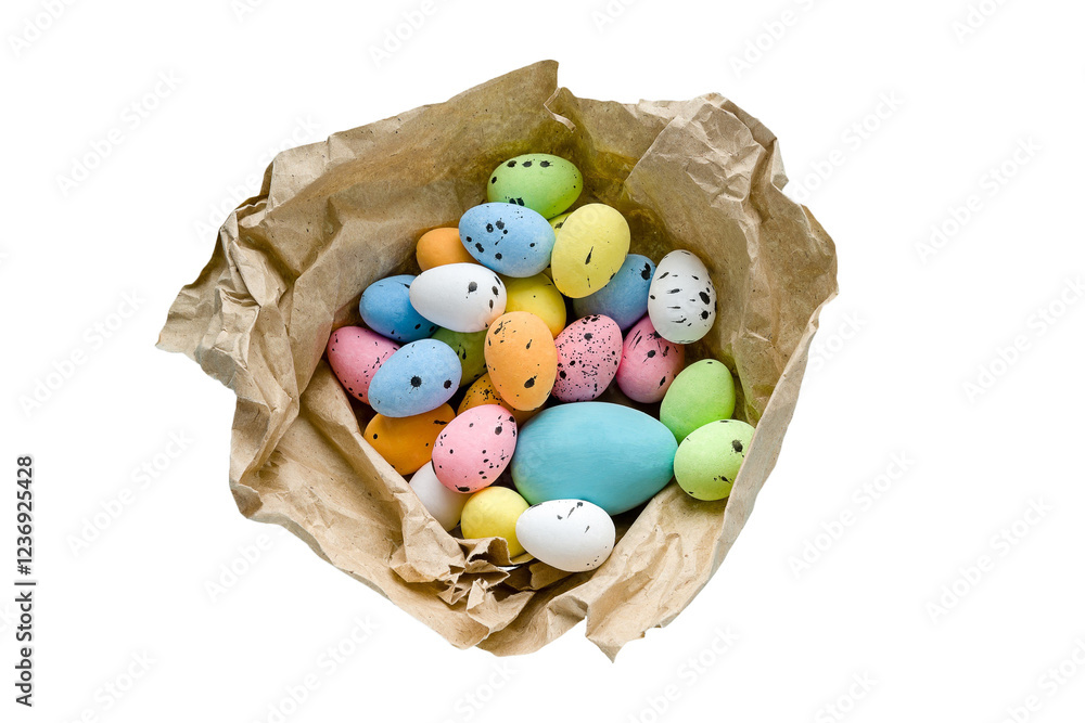 Wall mural Easter eggs painted in craft paper packaging on a transparent background.