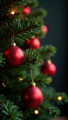 Christmas tree with pine needles and red balls, warm glow, ornaments