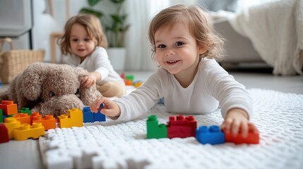 Naklejka premium Two caucasian children playing with colorful blocks and teddy bear indoors.