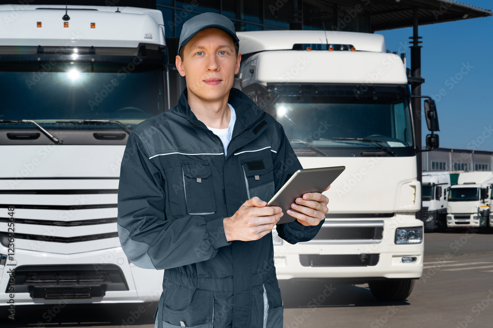 Aufkleber fleet manager with digital tablet on a background of trucks