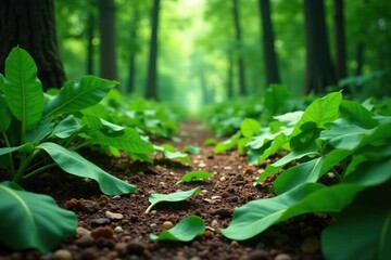 Fresh green banana leaves scattered on the forest floor, wilderness, foliage, growth