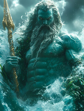 Explore a mythical underwater world with a powerful fictional character resembling Thor, adorned with a beard and wielding a trident. CG artwork with ocean backdrop.