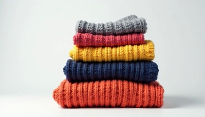 Folded sweater tower in isolation on white surface, fold, knits, folded items