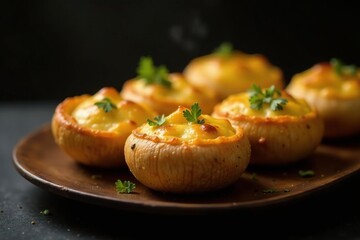 Steaming hot baked champignons with Georgian sulunguni cheese, crispy, cheese