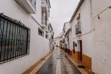 Narrow street in Gaucín, Spain, lined with whitewashed houses, wrought iron balconies, and wet pavement under a cloudy sky, showcasing traditional architecture.