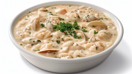 A creamy clam chowder served in a white bowl isolated on a white background