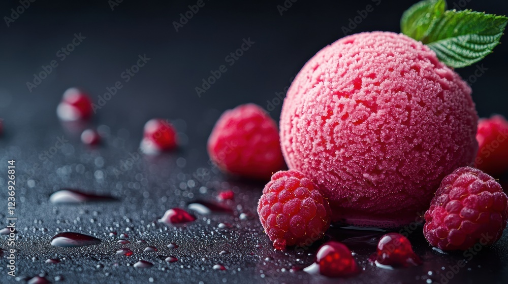 Poster refreshing raspberry sorbet served on a dark surface with fresh berries and droplets of water at a s