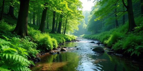 Obraz premium Riverbank covered with lush greenery and ferns, forest, trees