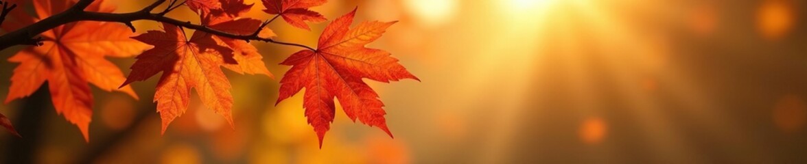 Obraz premium The gentle rustling of autumn leaves on a maple tree branch in the morning light, golden light, autumn leaves