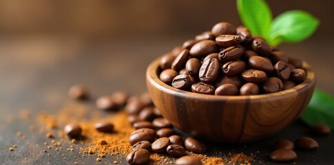 Fototapeta premium Coffee beans in a wooden bowl with a sprinkle of cinnamon, gourmet, bowl, natural