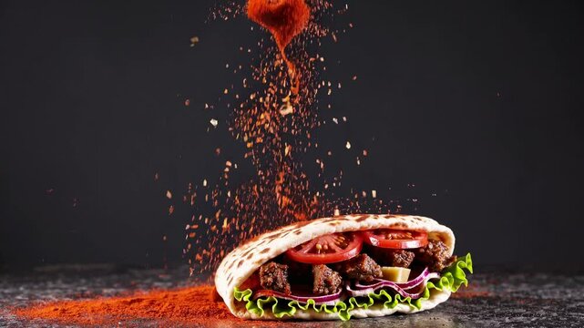 A breathtaking 4K ultra-HD stock video capturing a fresh, grilled Turkish beef or Arabic chicken shawarma sandwich