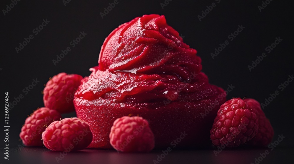 Poster fresh raspberry sorbet displayed artistically with whole raspberries in a dark setting. generative a