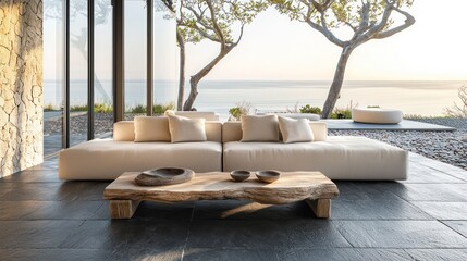 A contemporary living room with large windows facing a tranquil sea