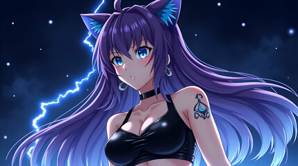 Character with purple hair and cat ears stands in a dramatic lightning backdrop at night