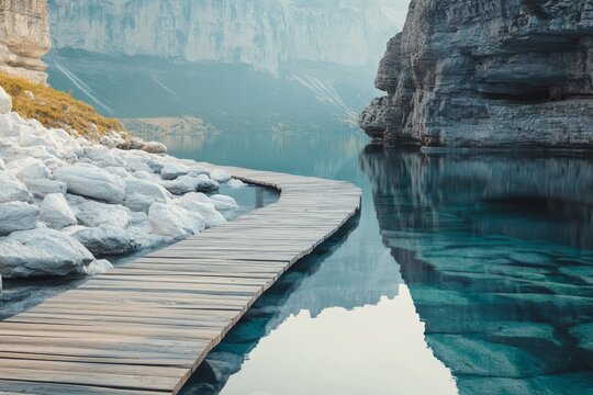Tranquil artificial lake scene with white rocks, wooden walkway, and stunning mountain backdrop