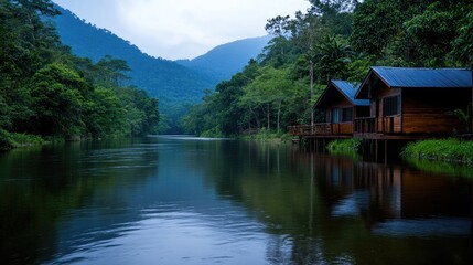 Naklejka premium Tranquil River Houses nestled in Lush Mountains