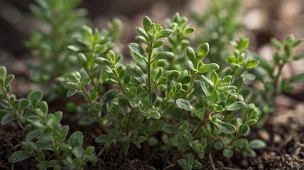Obraz premium A close-up of a thyme plant growing in a garden, with tiny green leaves and delicate stems, captured with soft natural light.