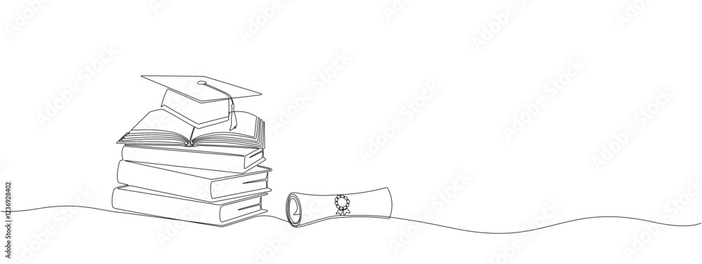 Poster stack of books with student hat and scroll in one continuous line. symbol of education, graduate , l