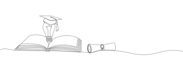 Obraz premium Opened book with student cap and scroll in one continuous line. Symbol of education, graduate, intelligence training in one line style .Vector editable illustration