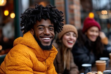 Fototapeta premium Smiling young african male with friends outdoors in warm winter clothing.