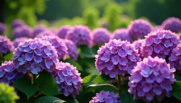 Large, full-bloomed hydrangeas in a sea of purple amidst the foliage, flower field, garden farm, giant hydrangeas