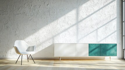 A contemporary room with a textured white concrete wall, a vibrant teal sideboard, and a white minimalist chair