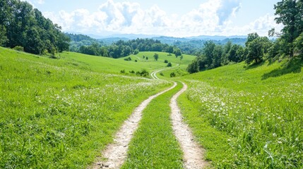 Winding road through green hills, sunny day, nature background, travel photo
