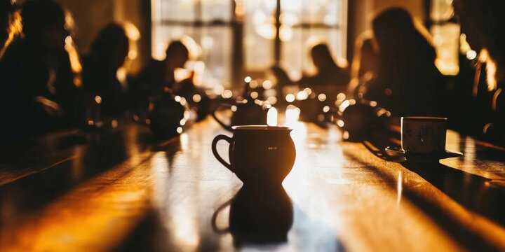 Sunlit cafe, group meeting, mugs on table, blurred background.