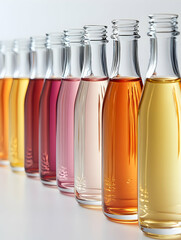 Colorful liquids in glass bottles, studio shot, product display, beverage or cosmetic concept