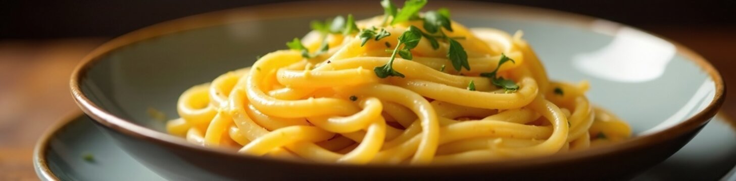 Hearty bigoli with rich and creamy golden sauce, rich, oil, creamy