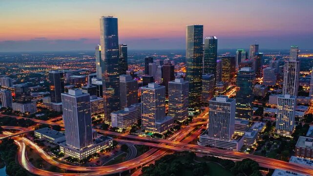 A breathtaking 4K ultra-HD aerial stock video capturing the stunning skyline of Houston, Texas, showcasing its modern skyscrapers and dynamic urban landscape. 