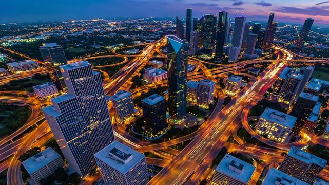 A breathtaking 4K ultra-HD aerial stock video capturing the stunning skyline of Houston, Texas, showcasing its modern skyscrapers and dynamic urban landscape. 